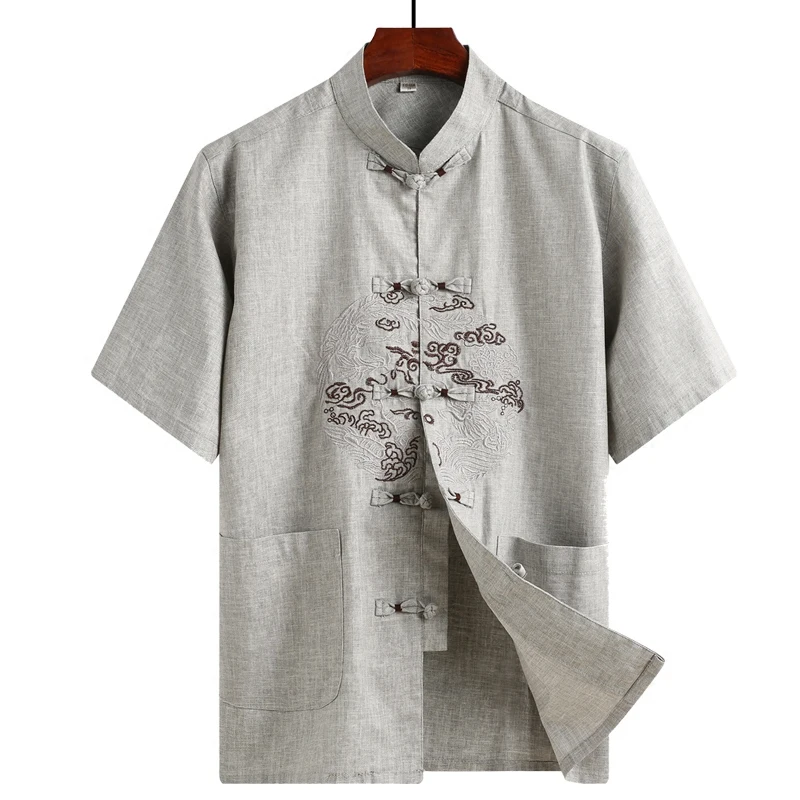 Рубашка мужская с вышивкой и коротким рукавом хлопковая льняная блузка кунг фу в