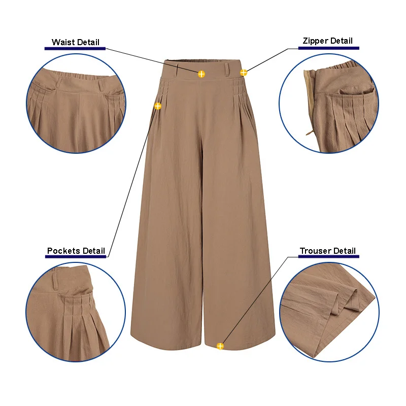 

Women Elegant Trousers ZANZEA 2021 Pleated Wide Leg Pants Casual Elastic High Waist Long Pantalon Palazzo Solid Turnip Plus Size