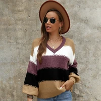 elegant v neck sweater women new knitted striped warm top autumn winter loose ladies pullover female o neck streetwear jumpers