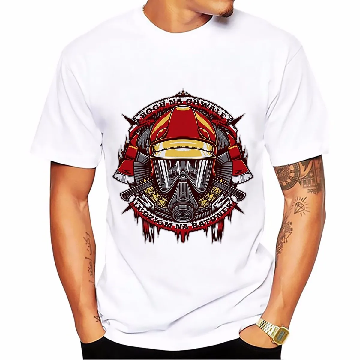 

great Fireman axe Helmet design t shirt Men 2021 new summer white short sleeve T-shirt homme casual tshirt no glue print