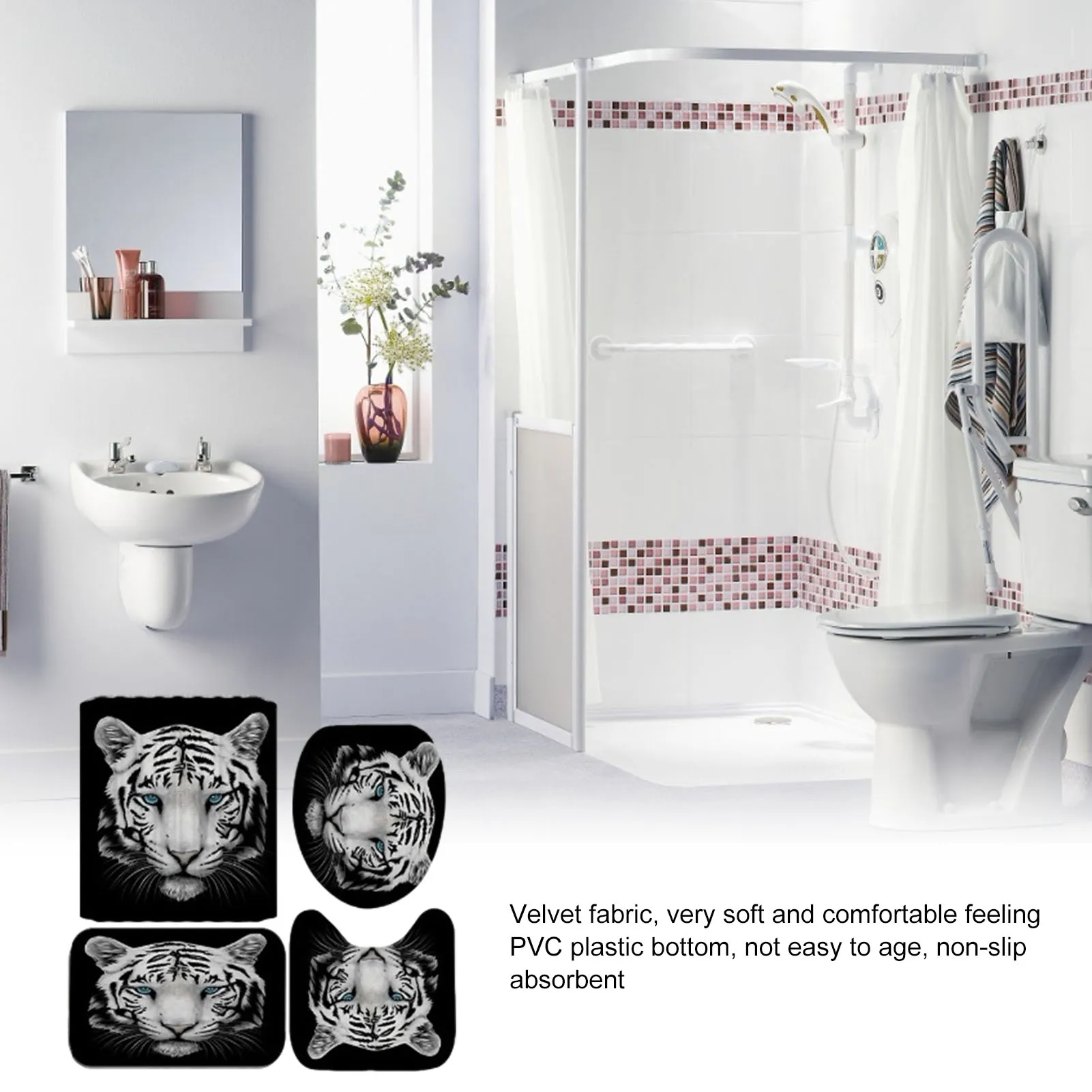 

4pcs/set Tiger Bathroom Non-slip Mat Waterproof Bathtub Shower Curtain Bathroom Absorbent Non-slip Mat Household