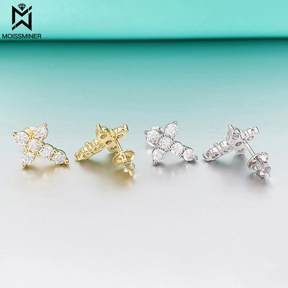Cross VVS Moissanite S925 Earrings Silver Iced Out Real Diamond Ear Studs For Women Men High-End Jewelry Pass Tester Free Ship