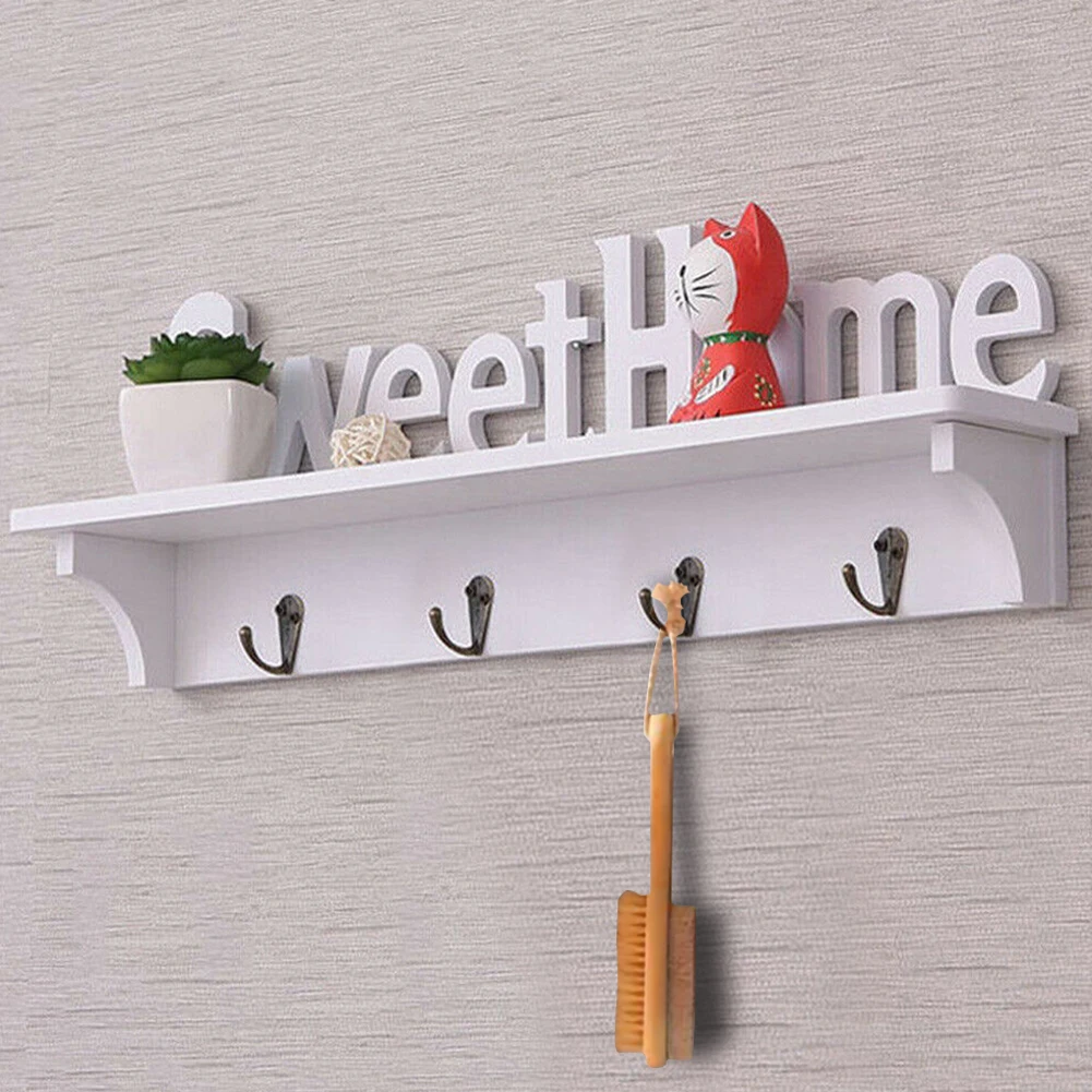 

4 Hook Storage Shelf Wall-mounted Household with Sweet Home Letter Durable and Practical Decoration