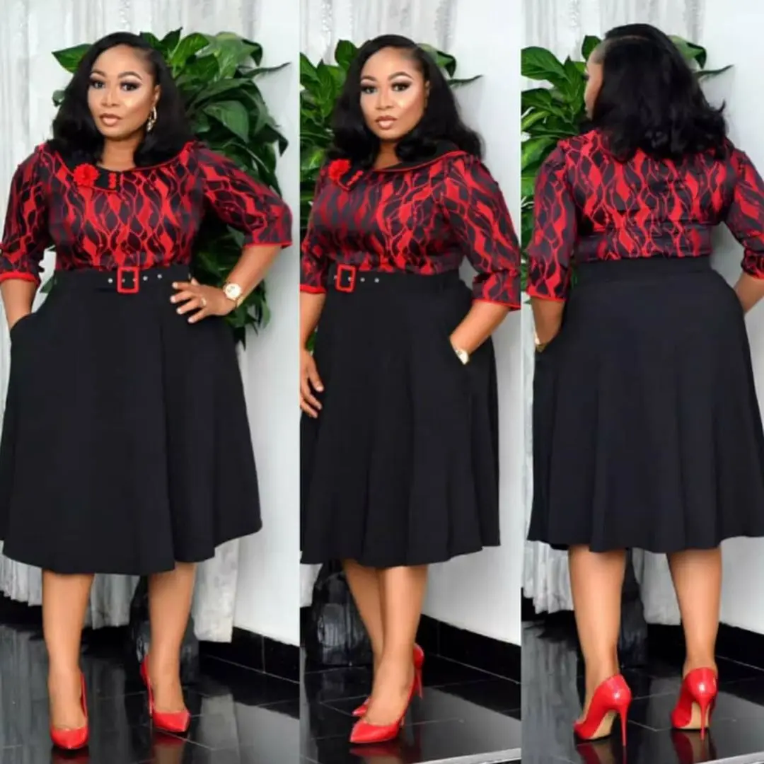 

New Arrival Africa Clothes Plus Size Casual Dresses for Women Mothers Patchwork Print Swing Dresses Corsage Belt Dress