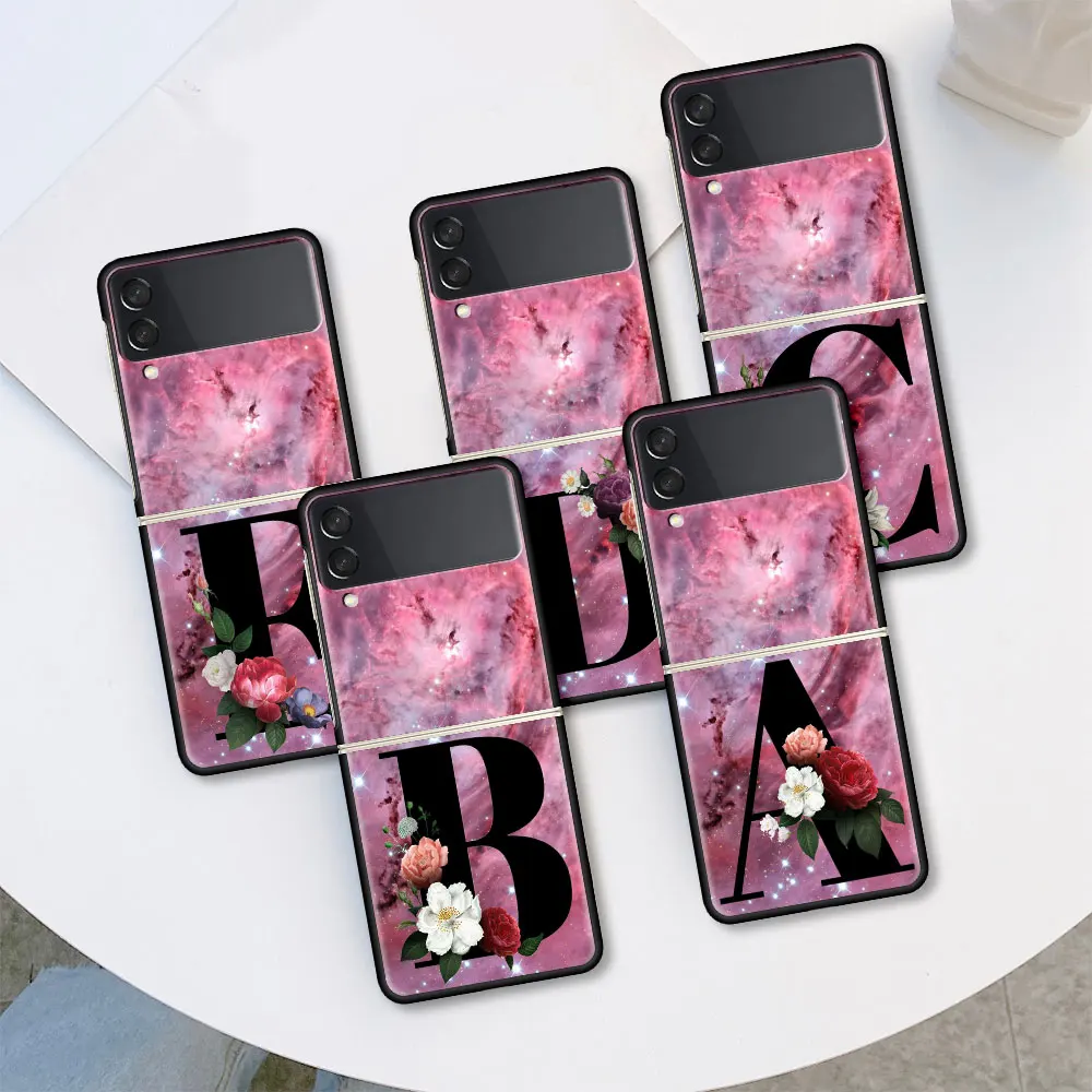 

Cell Phone Housing For Samsung Galaxy Z Flip 3 5G Case Shell Luxury Cover ZFlip Black Hard PC Coque English Letters Flowers A Z