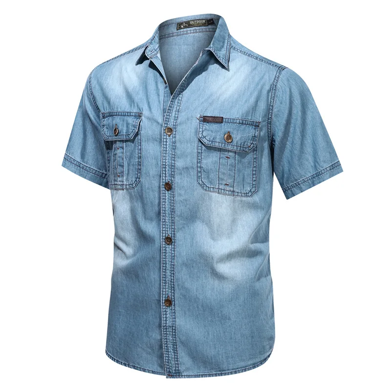 Men Light Blue Men's Denim Shirts Short Sleeve Thin Cotton Slim Elastic Jeans Denim Shirts Men Summer High Quality Pockets Shirt