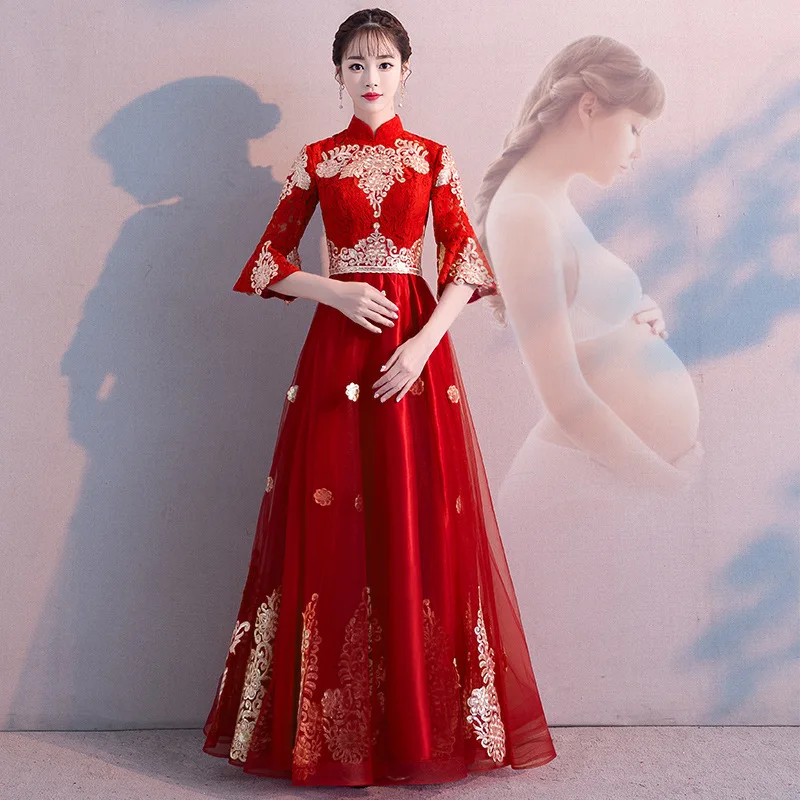 Китайское традиционное длинное платье невесты для свадьбы беременных женщин