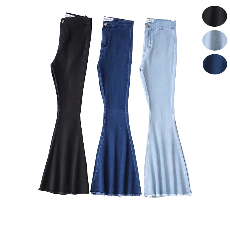 

new Fashion plus size high waist denim big flared pants women summer 2021 slim thin elastic fringed fishtail big flared pants 86