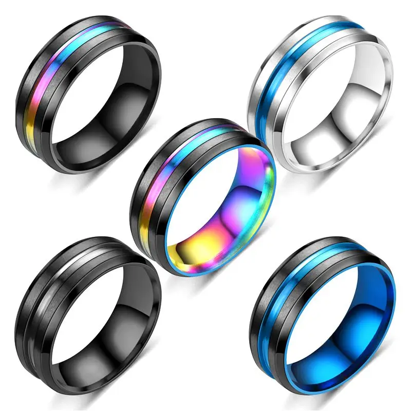 

New Trend Stainless Steel Men's Ring Personality Groove Black Color Wedding Rings for Women Couple Good Luck Jewelry Gifts
