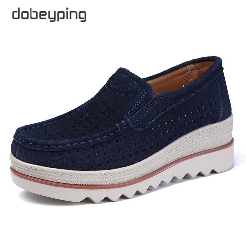 Summer Women's Shoes Breathable Hollows Flat Platform Ladies Sneakers Female Cow Suede Leather Loafers Woman Wedges Slip On Shoe