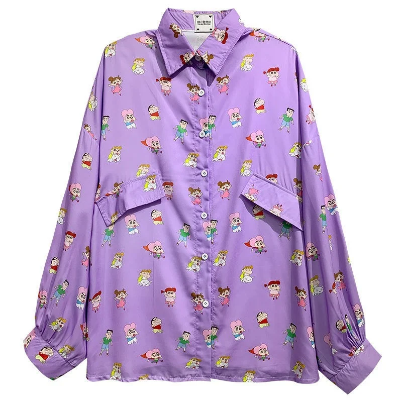 

Deeptown Anime Shirt for Teen Harajuku Long Sleeve Button Up Blouse Korean Style 2021 Oversized Kawaii Cute Purple Top Soft Girl