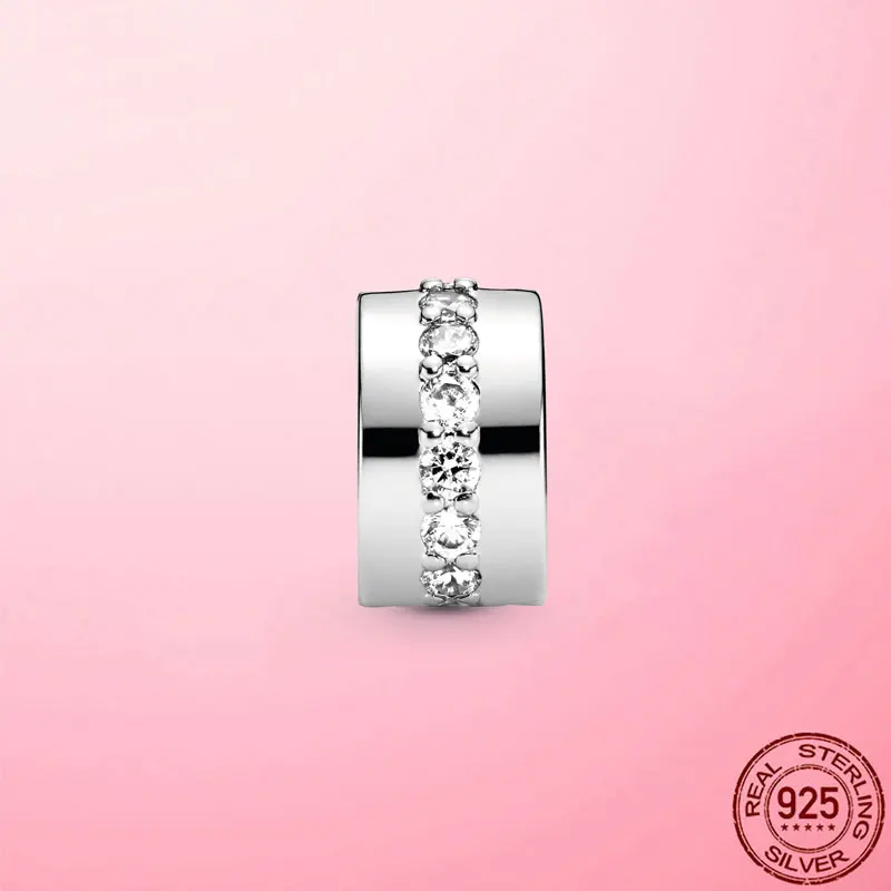 

Hot Sale Silver Clip Beads 925 Sterling Silver Clear Sparkling Row Clip Charm fit Original Charms Bracelet DIY Silver Jewelry