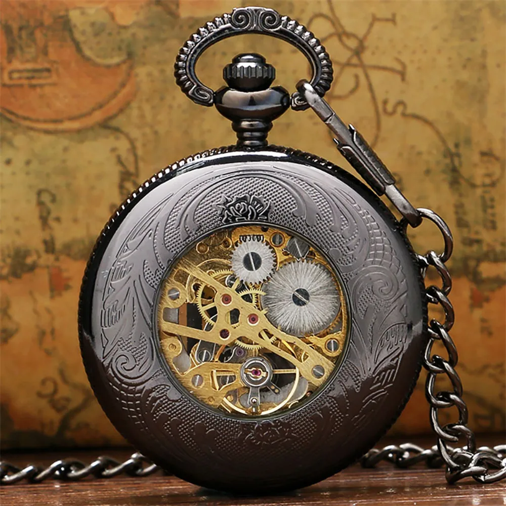 Retro Black Case With Golden DAD Design Mechanical Hand Wind Pocket Watch With Chain Best Gift To Dad/Father