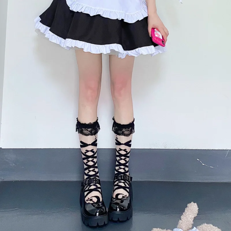 

Japanese Lace Black Stockings Strap Middle Tube Calf Socks Female Gothic Summer Thin Sweet Lolita Lace Pile Stockings Women