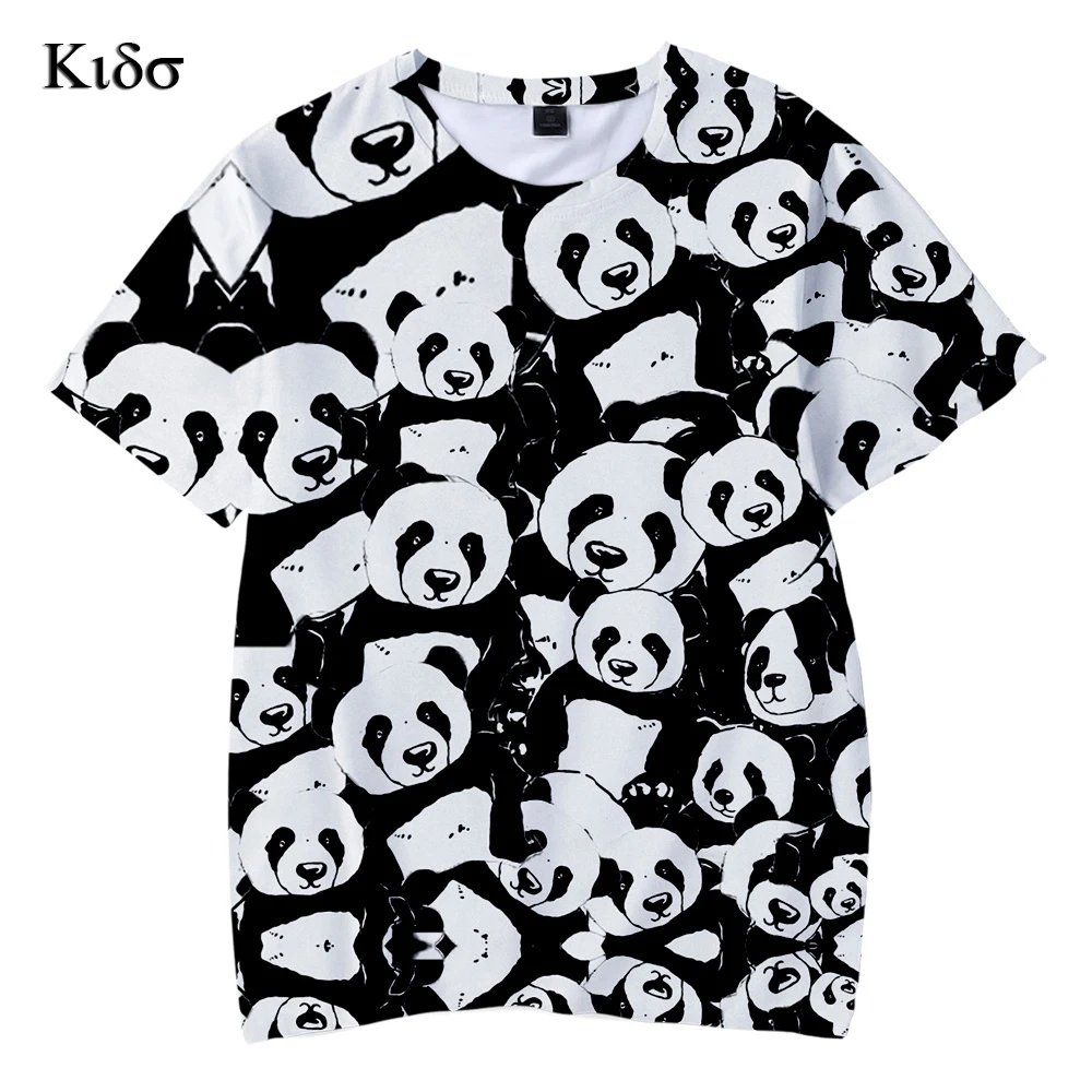 

Детская футболка с изображением животных, панды, модные топы с 3D рисунком для мальчиков и девочек, Летние черные и белые футболки с коротким ...