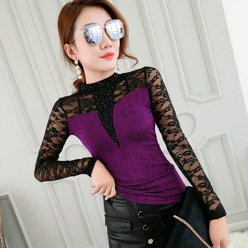 Осень 2019 сексуальная женская футболка бриллианты кружевная вышивка прозрачные