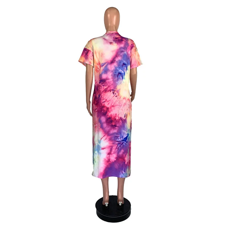 

Gradient Tie Dye Print Summer T Shirt Dress Women Round Neck Short Sleeve Loose Dress Casual Double Side Split Club Party Dress