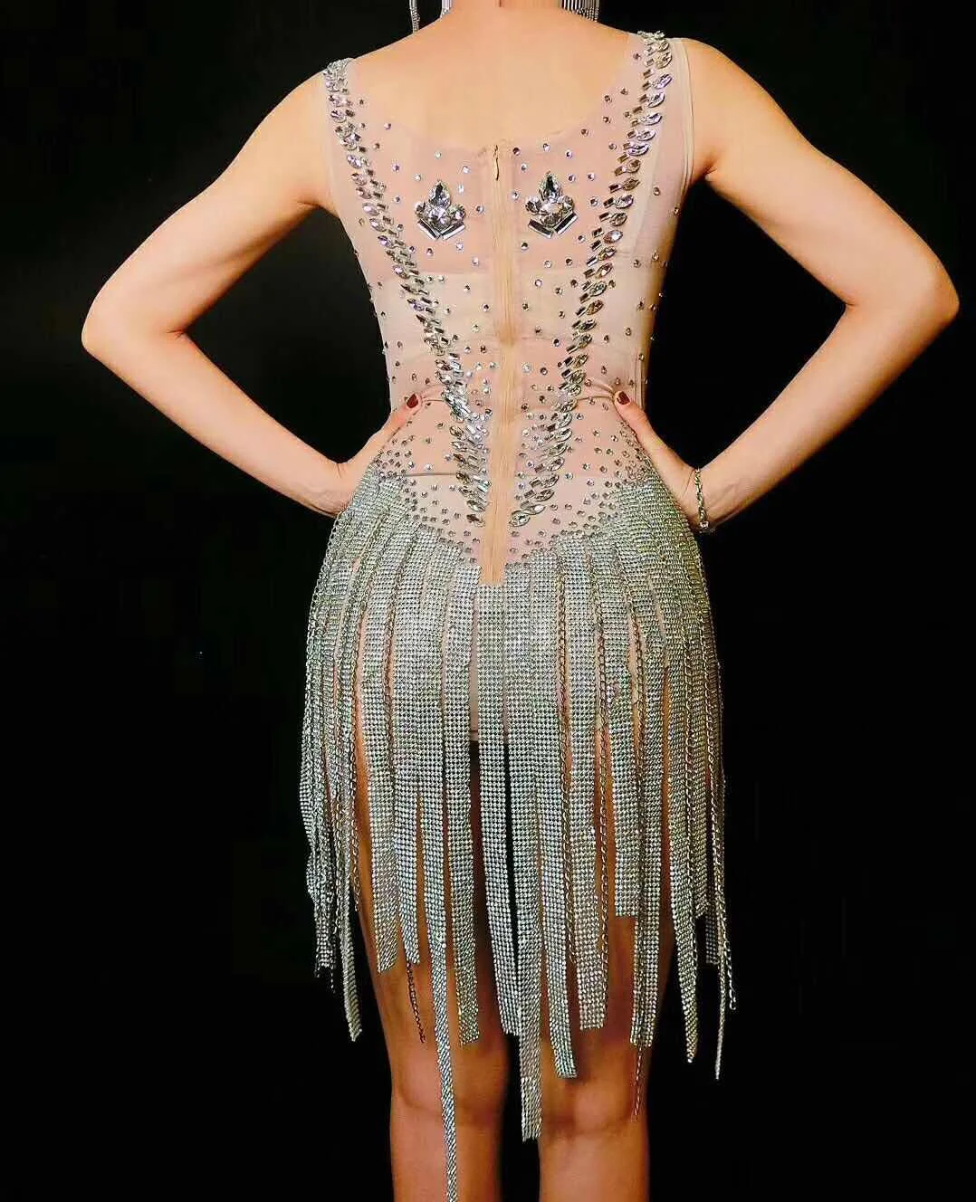 Women Summer Rompers 2021 Sleeveless Tassel Diamomd Customized Bodysuit Birthday Party Celebrate Stage Performance Costume