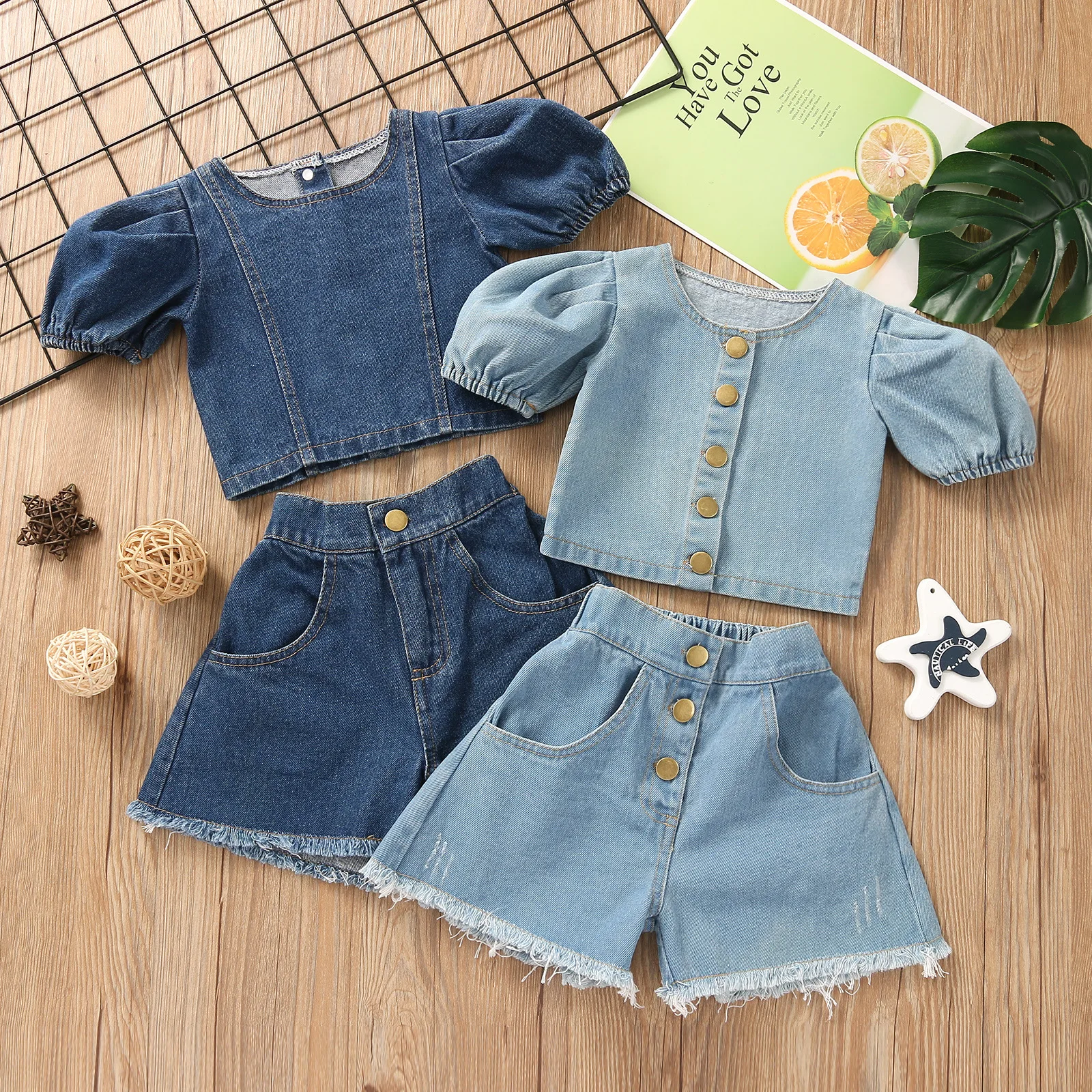 

fahion girls summer short sleeve solid tops coat shirts denim short pants toddler kids baby children clothes sets 2pcs