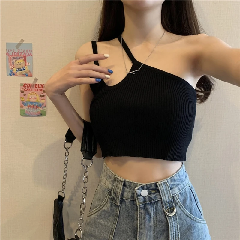 

Women Ribbed Knit Tank Top Sexy Irregular Cutout One Shoulder Camisole Spaghetti Strap Solid Color Basic Vest Underwear