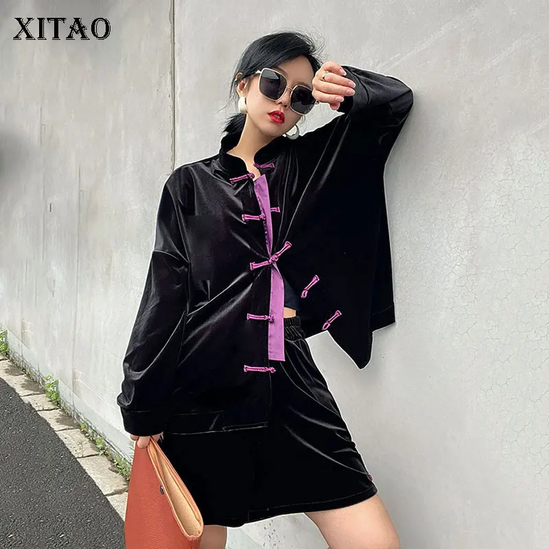 XITAO Button Embroidery Short Sets Autumn New Print Chinese Style Western Style Fashion Casual Long Sleeve Matching Sets WMD3325