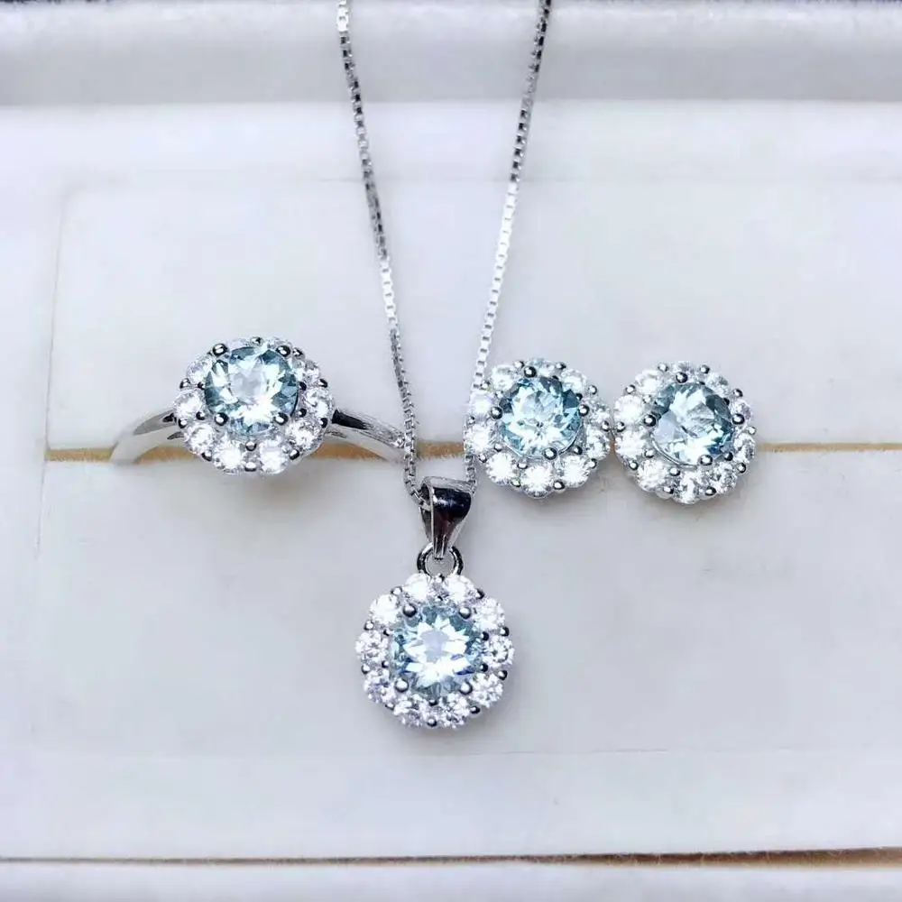 

Natural Aquamarine Ring Earrings Pendant Necklace Set S925 Sterling Silver Fine Fashion Charming Jewelry for Women MeiBaPJFS