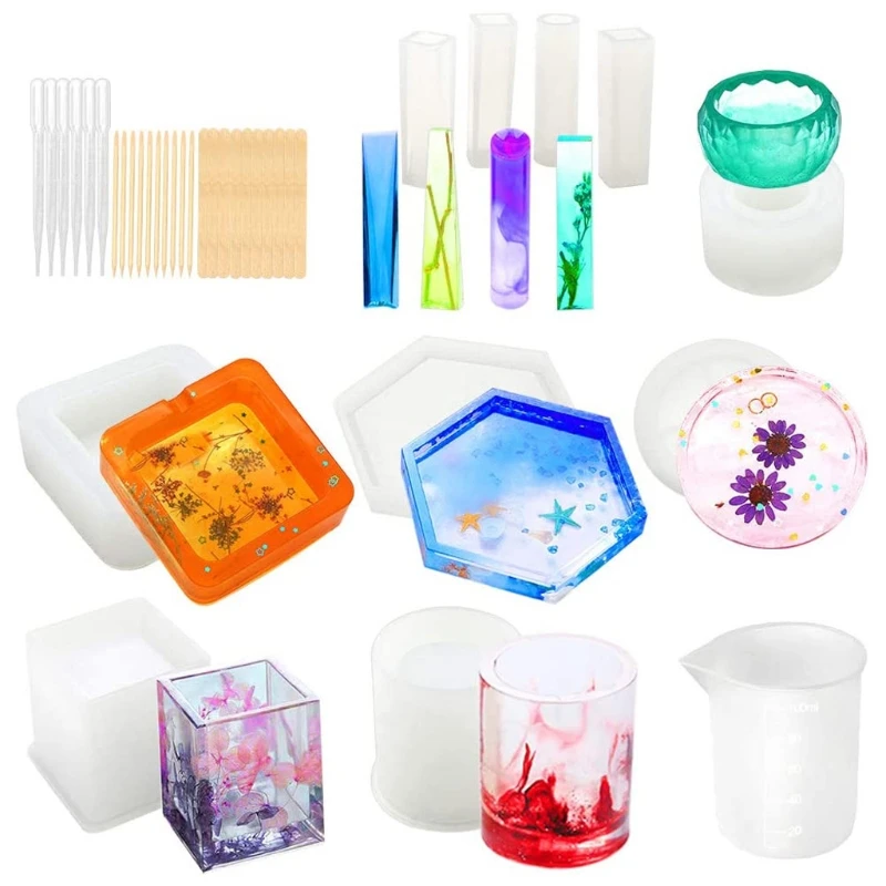 

41Pcs DIY Coaster Cup Pen Soap Candle Holder Resin Molds Ashtray Flower Pot Pendant Resin Casting Molds Kit Art Molds