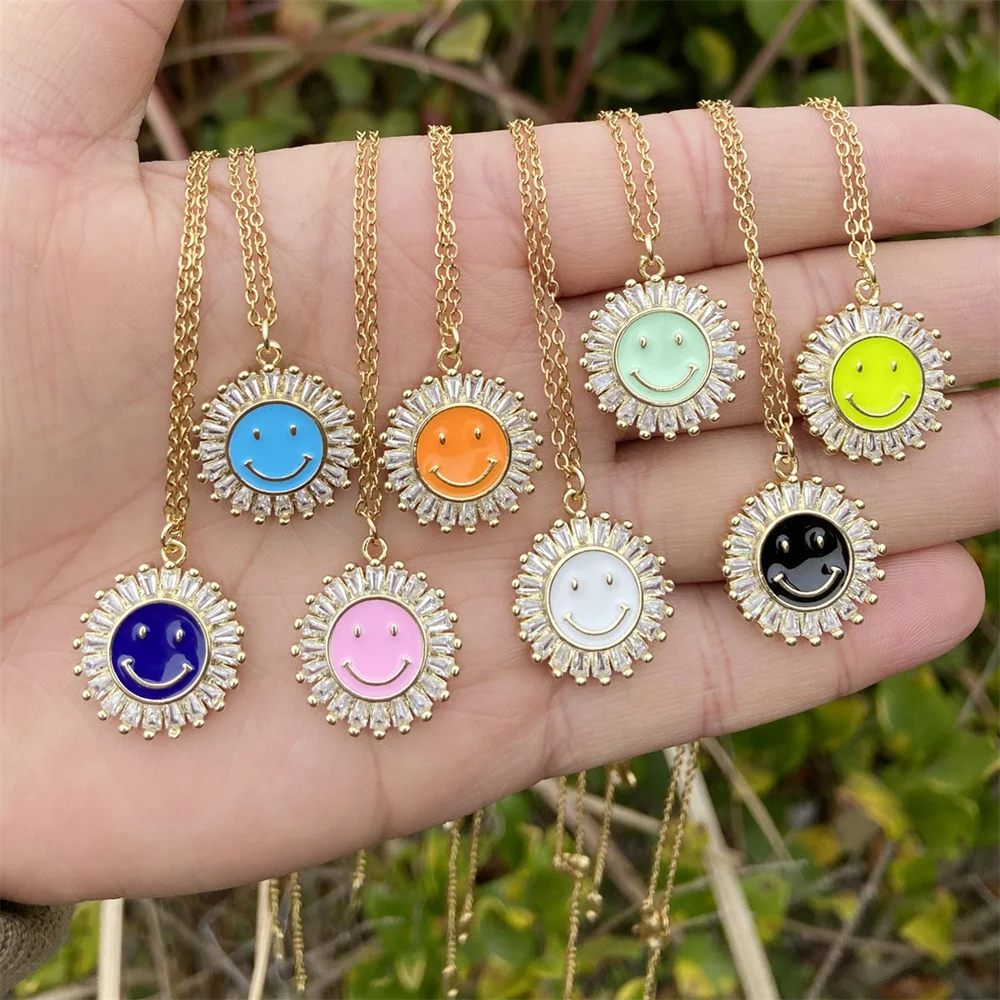 

10pcs/lot Enamel Jewelry Cute Happy Smiley Face Stainless Steel Chain Necklaces Birthday Gift Women Gold CZ Sun Choker Necklace