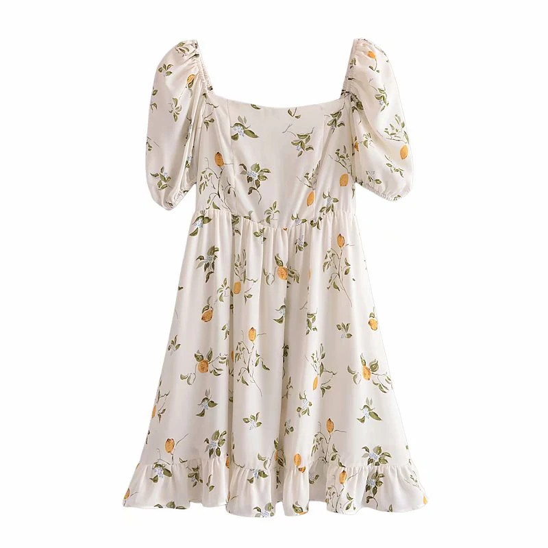 

YENKYE Summer Women Lemon Print Chiffon Dress Sexy Square Neck Puff Sleeve A-line Holiday Dress Female Prairie Chic Short Robe