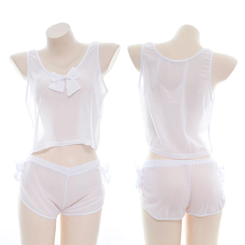 Женский Белый полупроницаемый пижамный комплект с жилетом пикантное японское