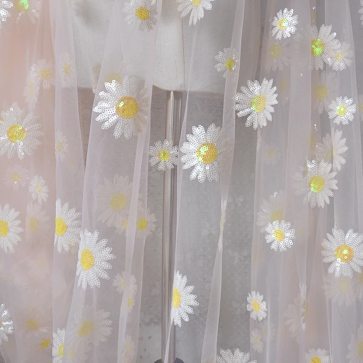 Сетчатая блестящая Цветочная вышивка маргаритки мягкая кружевная ткань