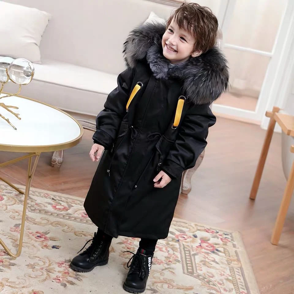 Black Dark Grey B Новинка года; зимние меховые куртки для мальчиков и девочек плотное длинное пальто с натуральным кроличьим мехом; детская верхняя одежда; теплая детская парка с рукавами; TZ343 - Цвет: Black Dark Grey B