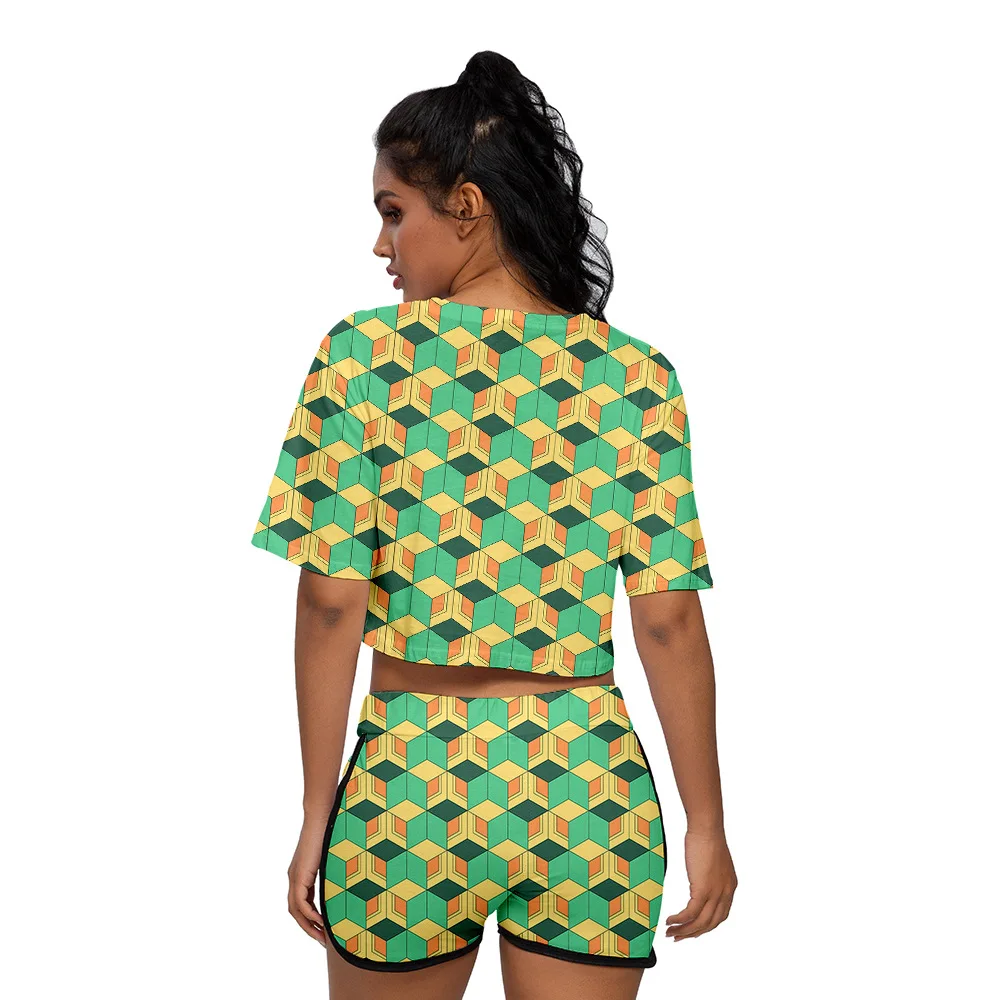 

2 Piece 3D Kamado Cosplay Outfits for Women Girls Crop Top and Shorts Pants Sets