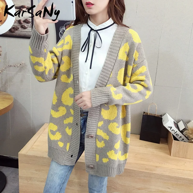 Autumn Leopard Cardigan Women Knitwear Button Yellow Long Print Sweater Knitted Blue Female Cardigans Top |