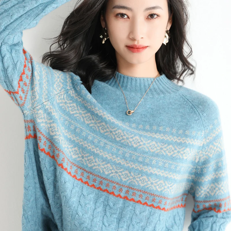 Новинка Осень-зима 2021 вязаный свитер в фольклорном стиле с полувысоким воротом
