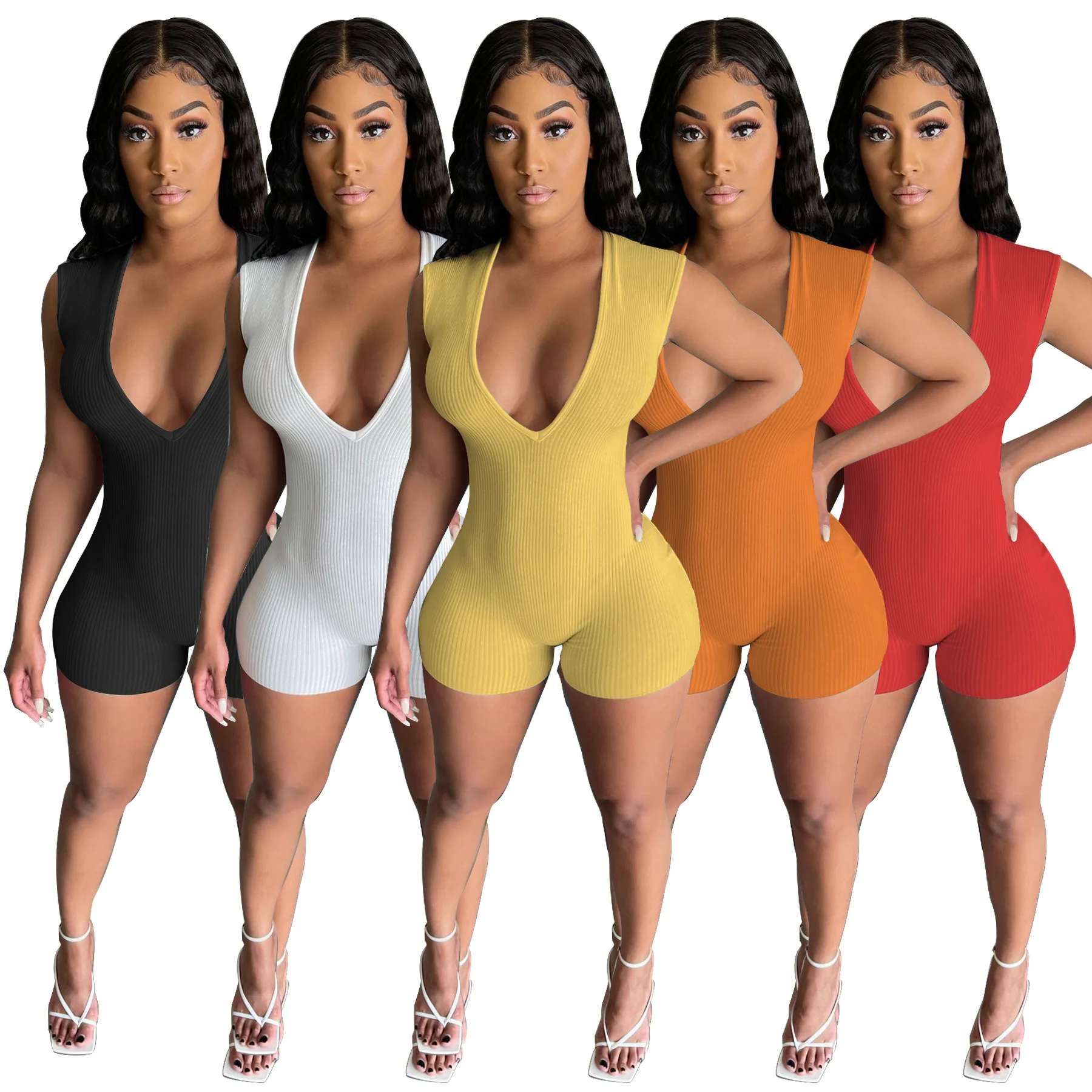 

One Piece Women's Clothing Sexy Sleeveless Deep V Neck Fashion Back Zipper Pit Strip Nightclub Style Solid Color Short Jumpsuit