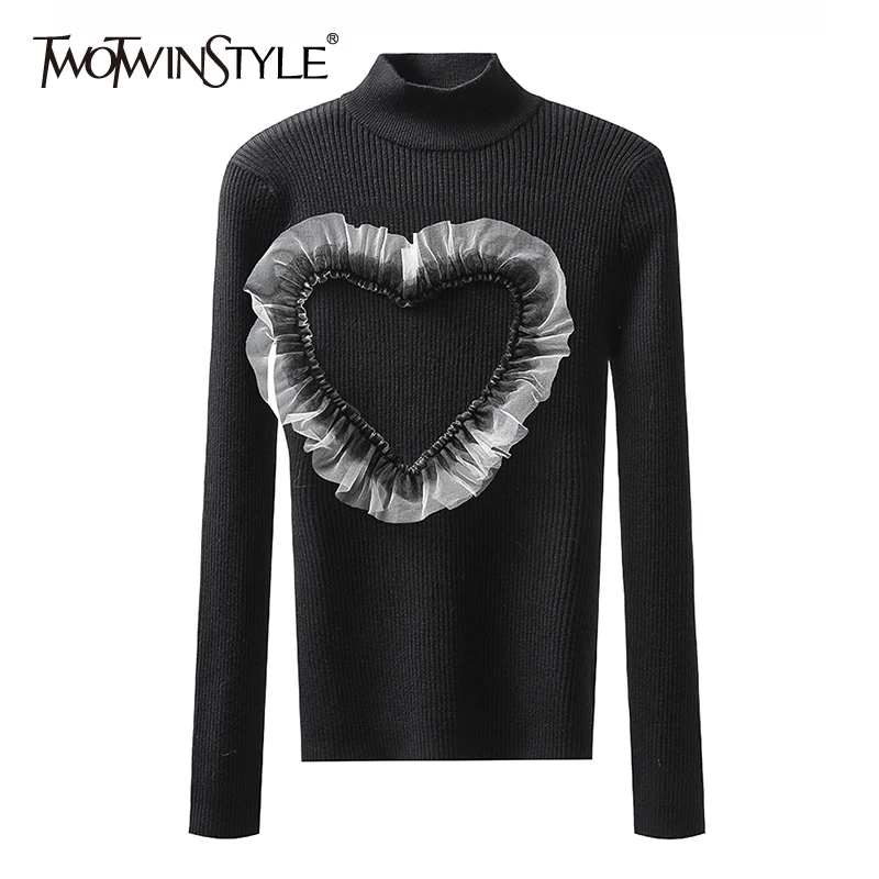 

TWOTWINSTYLE Slim Black Patchwork Heart Mesh Sweater For Women Round Neck Long Sleeve Fashion Women's Sweaters Autumn 2021 Style