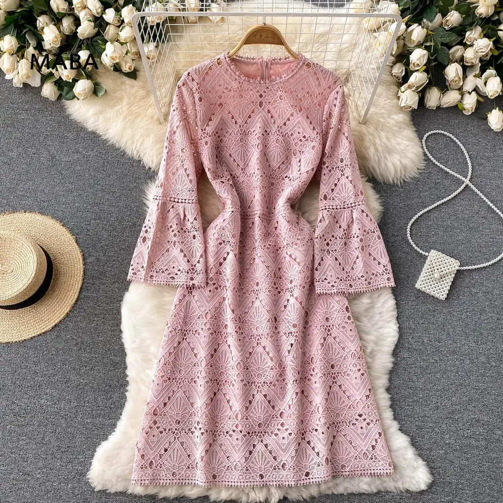

Elegant Lace Short Dress 2022 Spring Autumn Women O-neck Flare Sleeve Solid Hook Flower Hollow Sweet Party A-line Dress Vestidos