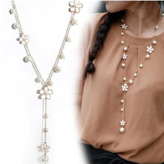 White Pearl Flower Массивное Макси Модное Длинное ожерелье s& Кулоны для женщин модное геометрическое ожерелье Ювелирное колье Женские аксессуары для воротника - Metal Color: White Pearl Flower