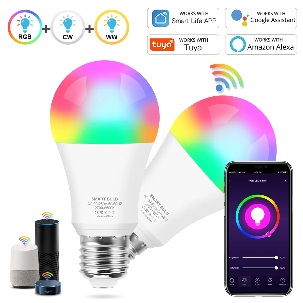 Умный светильник Tuya Wifi E27 Светодиодная лампа 12 Вт 15 меняющая цвет RGB + белый теплый