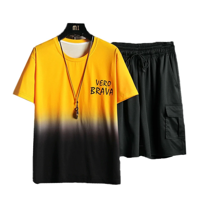 

2021 New Casual Men T-shirt Two-piece Summer Hip Hop Mens Short Sleeve+Pants Harajuku Male Suit Clothes Men's Japanese Loose 5XL