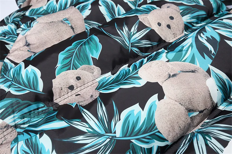 

Winter Thick Oversize Flora Parka Coats Vintage Bear Pattern Print Zipper Hooded Jacket Women Lovers Couple Swag Green/White