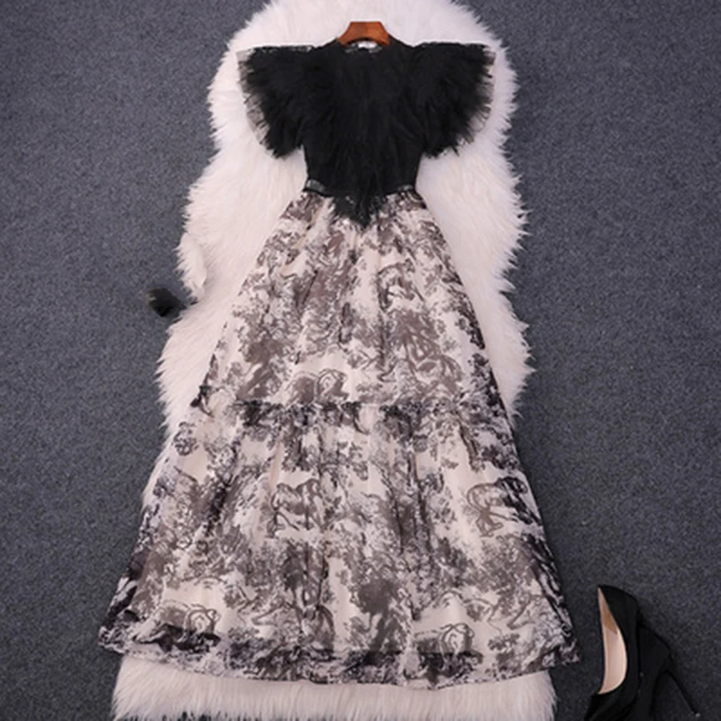 

2021 летнее модное дизайнерское платье для женщин, кружевное платье с чернильным принтом в стиле пэчворк, ТРАПЕЦИЕВИДНОЕ тонкое Элегантное Д...