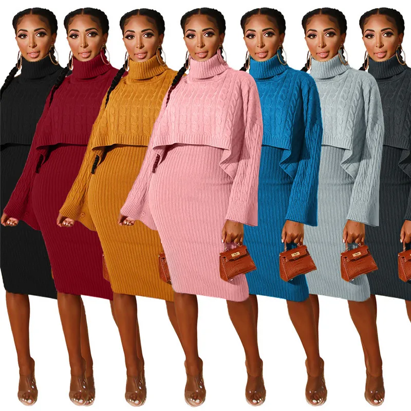 

Autumn Winter Women 2 Piece Set New Hot Sale Midi Dress Turtleneck Top Sweater Matching Set Free Shipping Wholesale Dropshpping