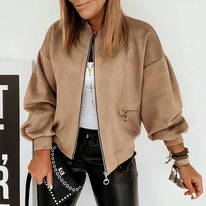 

Autumn Khaki Zipper Women's Short Jacket Lantern Long Sleeve Standing Collar Pocket Women's Coat Streetwear Casual Ladies