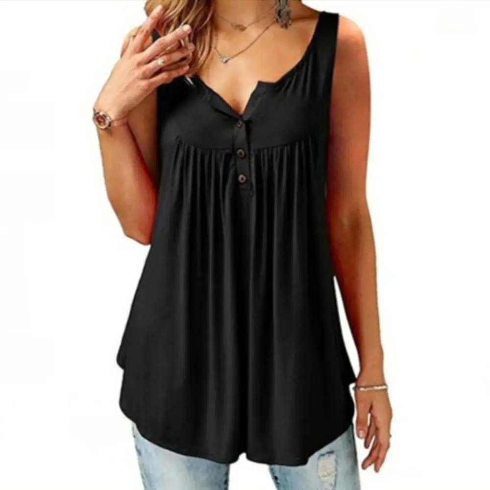

Women Blouses Summer Solid Color U Neck Camisole Sleeveless Pleated Top Button Loose Vest Plus Size Female Loose Tanks Top