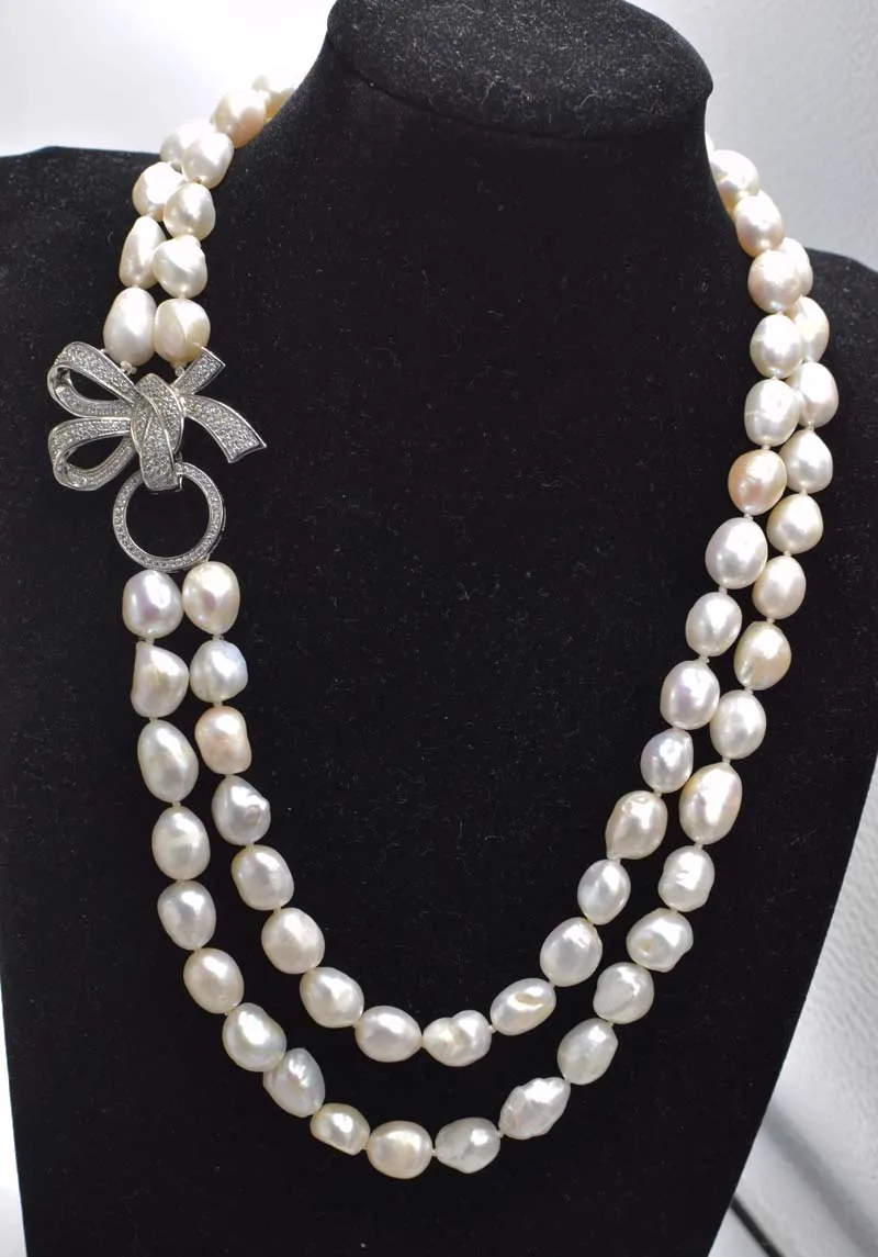 

NEW wholesale nature 2rows freshwater pearl white irregular baroque 10-11mm necklace 22-24inch 002