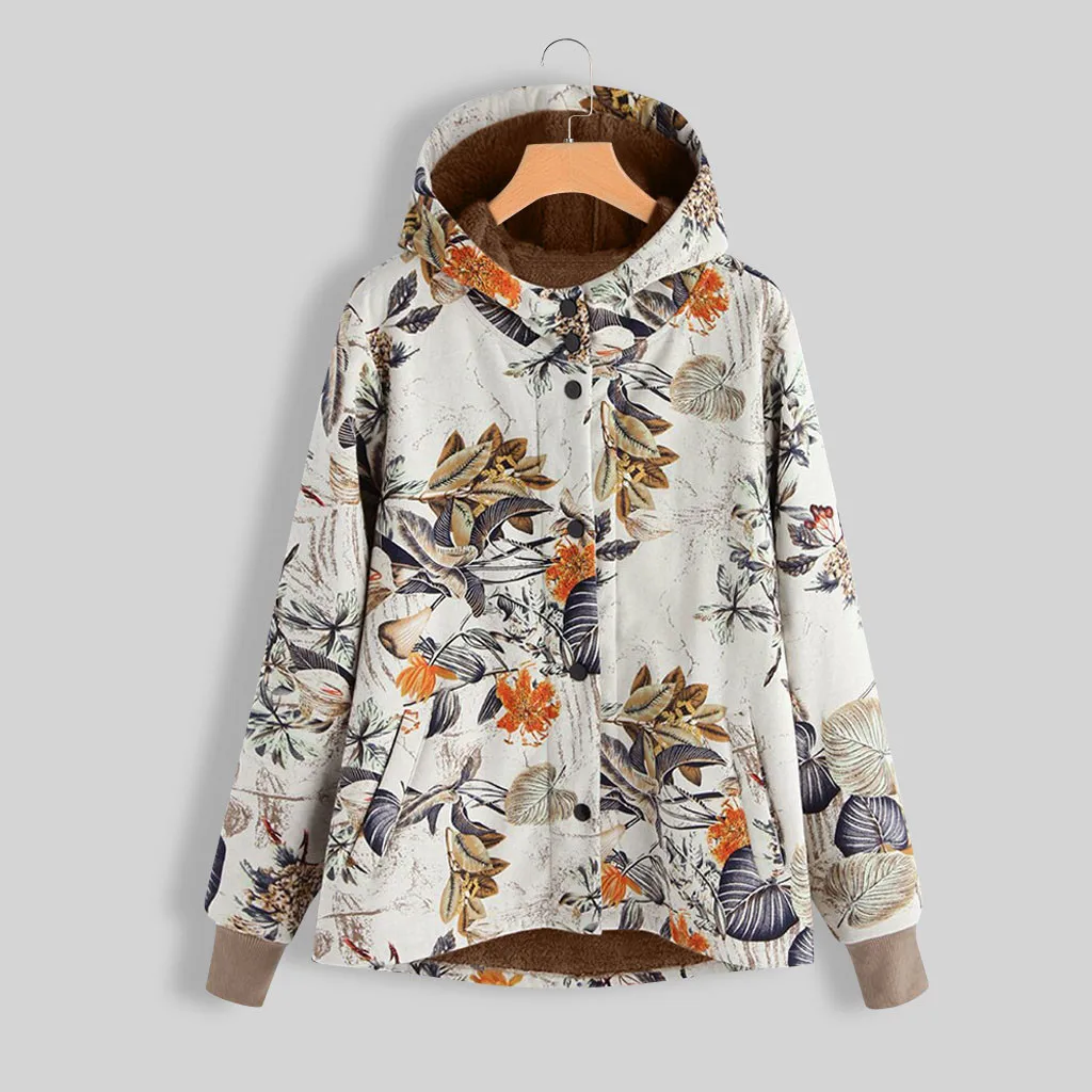 Женское пальто с принтом зимнее теплое винтажное карманами капюшоном Женская
