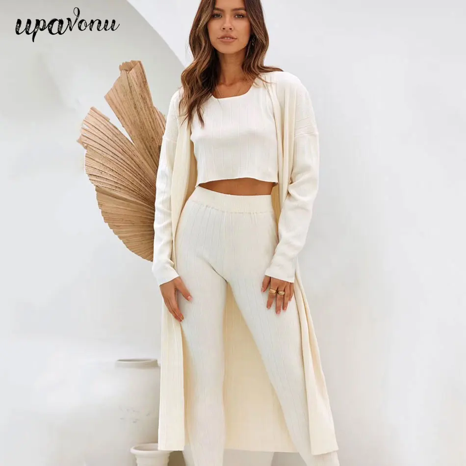 Женский Повседневный эластичный Трикотажный костюм на осень 2020 длинный кардиган