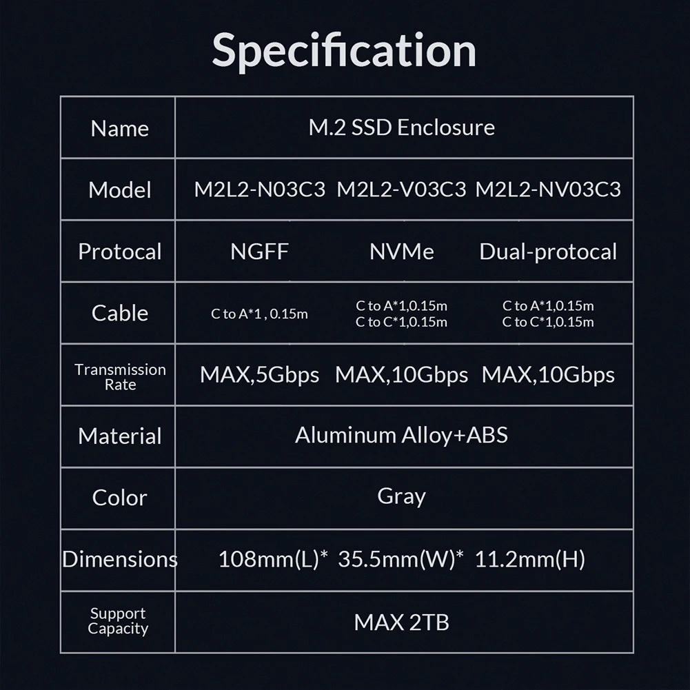 

ORICO M.2SSD Case Aluminum Portable USB M.2 NVME NGFF USB3.1 GEN2 10Gbps High Speed 2230/2242/2260/2280 Hard Drive 2TB Enclosure